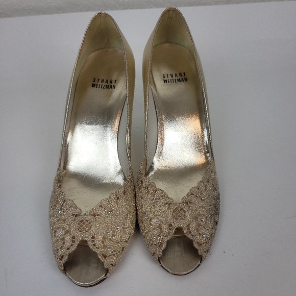 Stuart Weitzman Vintage Gold Lace Peep Toe Leather Sole Heel Made in Spain - Picture 2 of 11